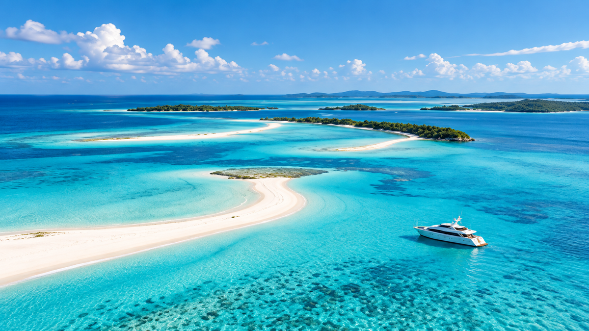 White motor yacht beside sweeping sandbars and turquoise water — AI-enhanced illustration